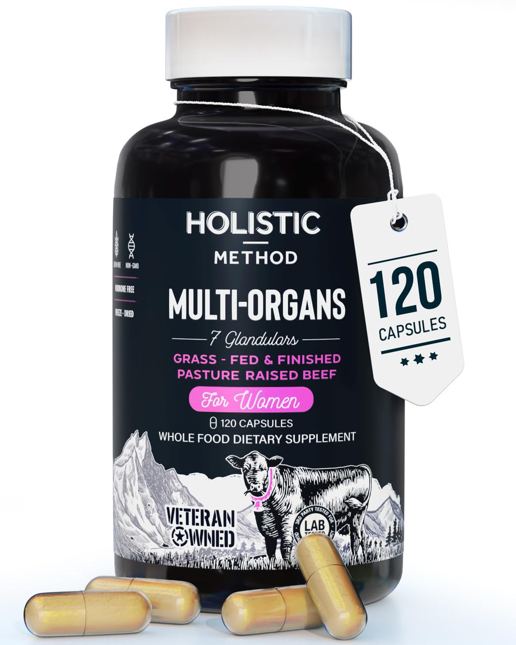 Beef Organ Supplement Grass Fed Complex for Women - 7 Carnivore Meat Proprietary Blend of Beef Liver, Marrow, Brain, Thymus, Spleen, Kidney, Colostrum, Heart, Pancreas, Gallbladder -120 Caps