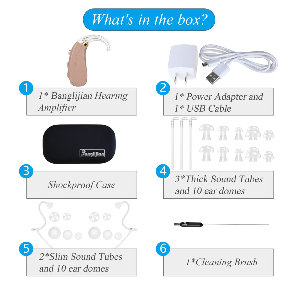 Banglijian Hearing Aid Rechargeable Hearing Amplifier, Digital Noise Cancelling to Aid and Assist Hearing, for Adults and Seniors, Latest Upgrade （One Unit, Preassembled with Left Slim Tube)