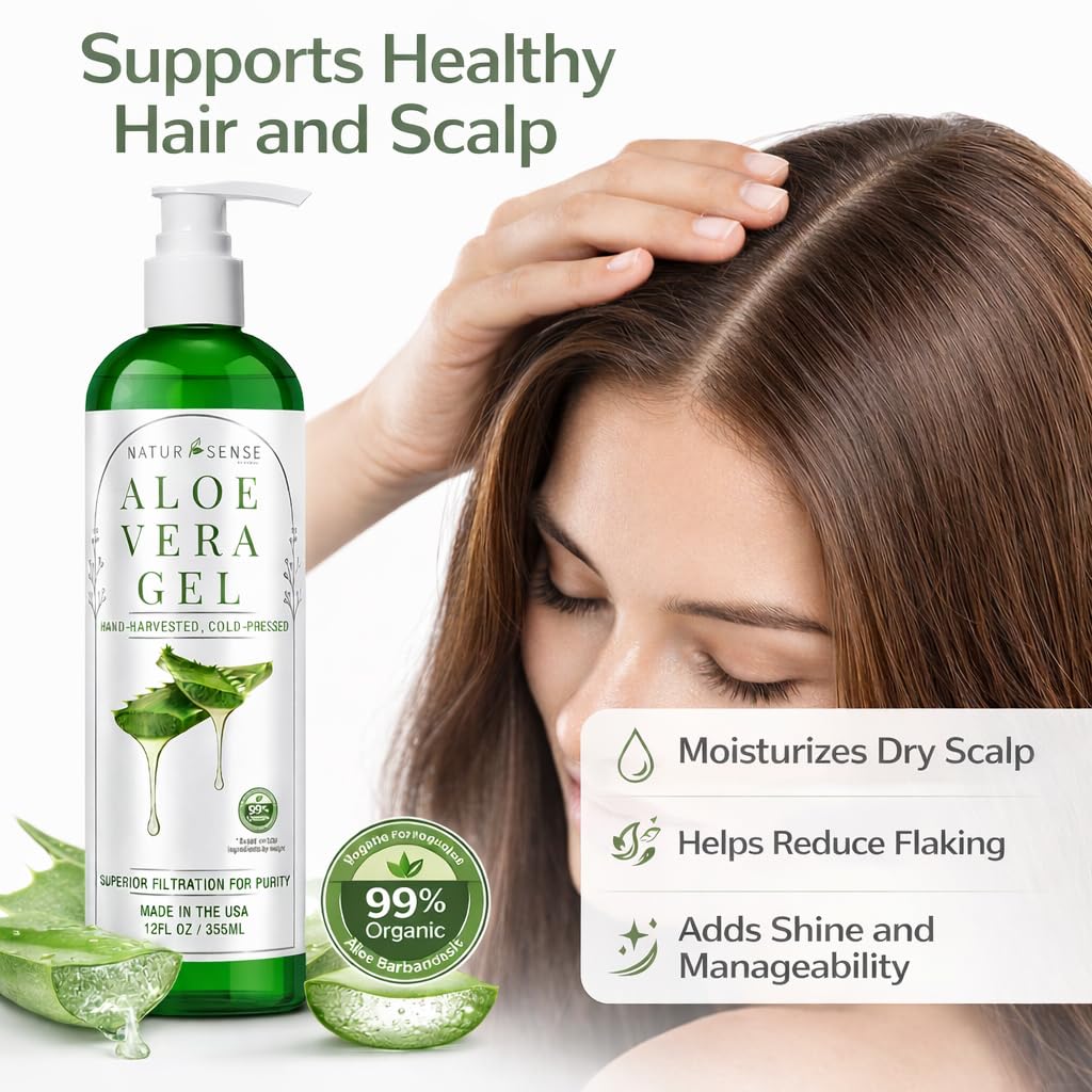 NTRSNS NaturSense 99% Organic Aloe Vera Gel. Deep Hydration, Effective Moisturizing. For Hair, Scalp, Face, Dry Winter Skin, Acne, Sunburn, Sensitive Skin, Shaving. Unscented, 12 oz.