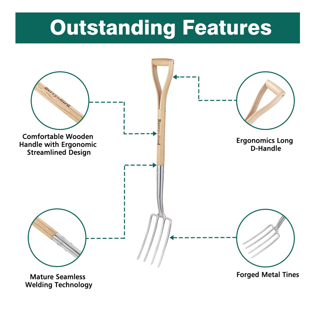 Berry&Bird Gardening Digging Fork, 4-Tine Stainless Steel Pitchfork
