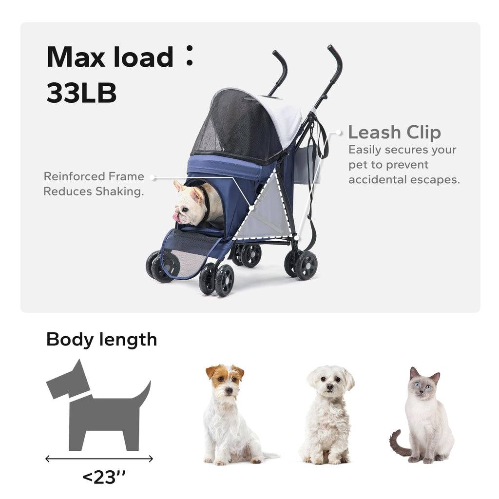 TerraPede Lightweight 10 lbs Foldable Pet Stroller for Small Dogs & Cats, Easy-Fold Compact, with Adjustable Sun Canopy, Cup Holder, Breathable Mesh, Pad & Storage Bag, Holds 33 lbs, Blue Gray