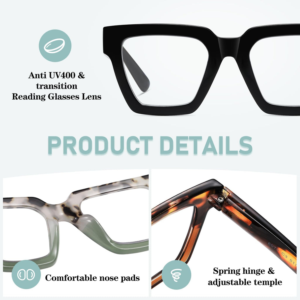 Kafirlo Oversized Reading Glasses For Women Readers Oprah Style Blue Light Blocking Computer Cheaters Designer Ladies Square Large Frame Stylish Fashion Funky Cute Trendy Big Head Best 3 Pack +1.50