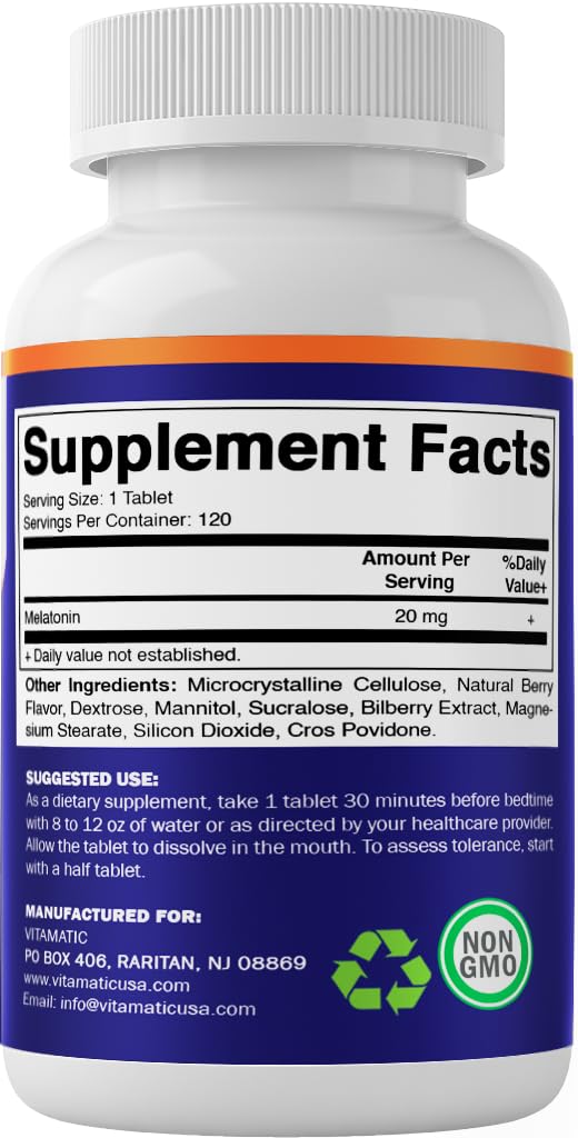 Vitamatic Melatonin 20mg for Sleep Support | Vegetarian, Non-GMO, Gluten Free | HIGH Potency 20 MG | Natural Berry Flavor 120 Fast Dissolve Tablets - 2 Pack - 240 Count