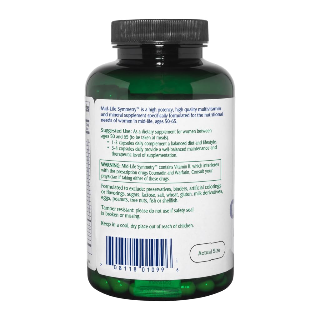 Vitanica Mid-Life Symmetry, 50-65 High Potency Daily Multivitamin and Mineral, Vegan, 180 Capsules
