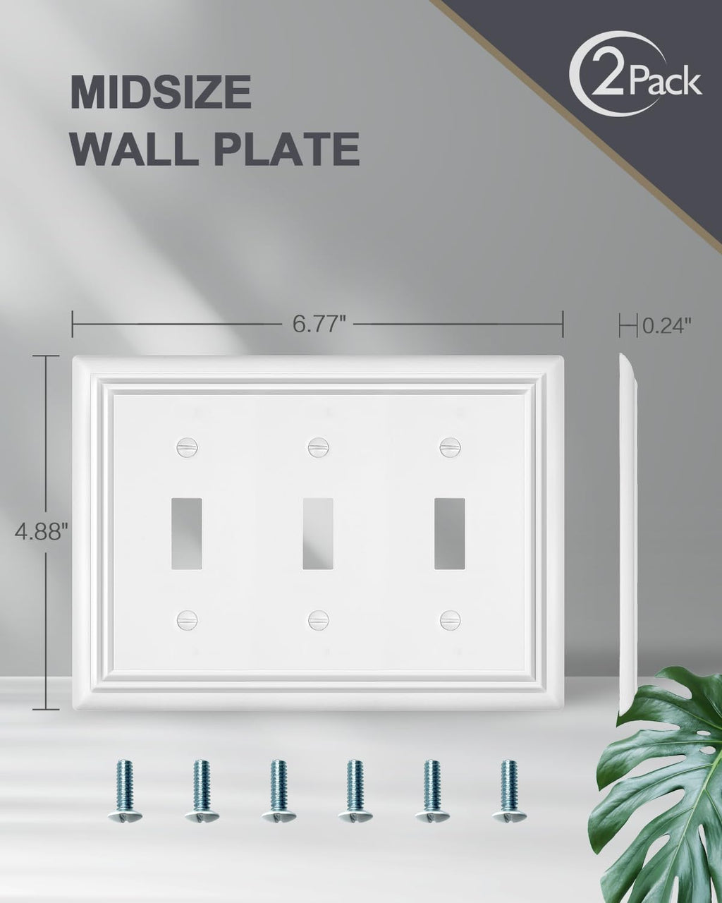 ZILLSEA Metal Wall Plates, Decorative Switch Plates and Outlet Covers (Pure White/3 Toggle 2 Pack)