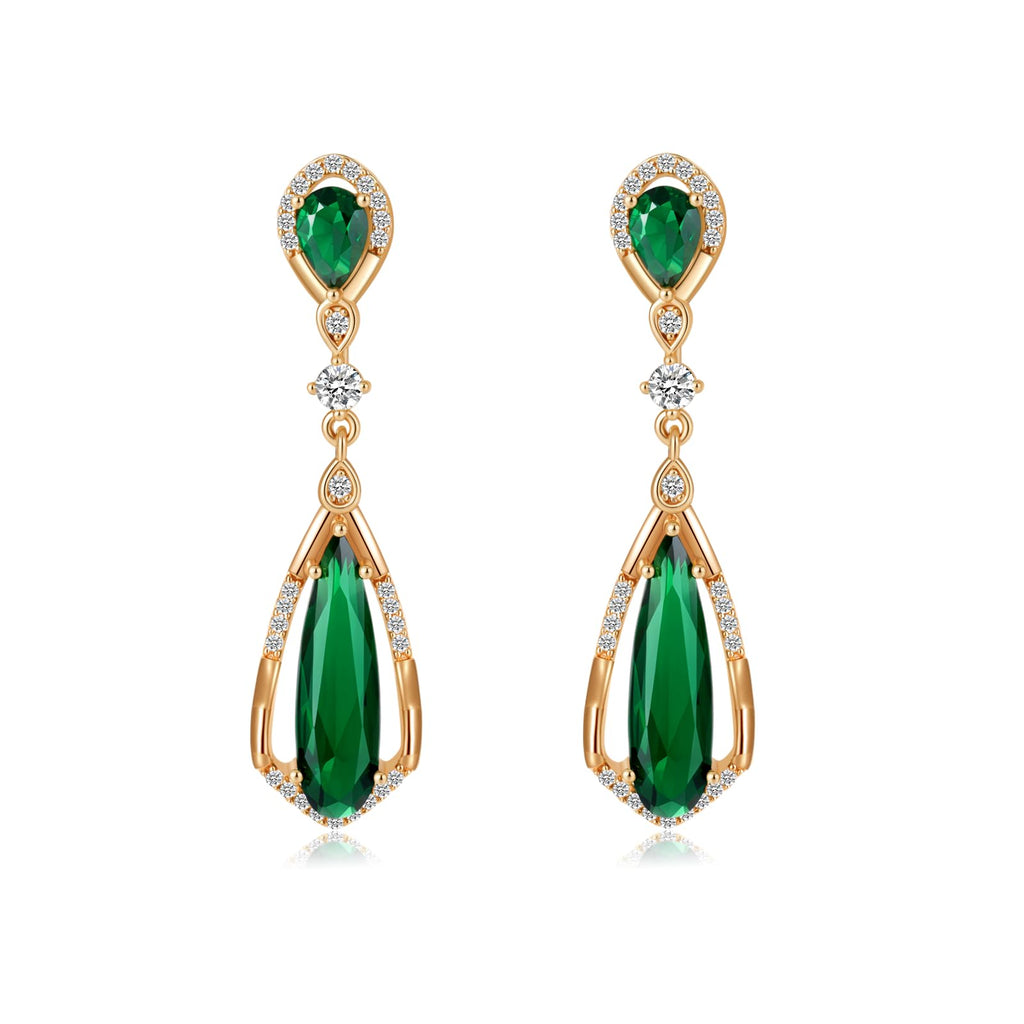 Hpoewre Vintage Emerald Green Teardrop Earrings,925 Sterling Silver Posts & 18K Gold-Plated Brass Drops,Cubic Zirconia Dangle Earrings for Women (Vintage)
