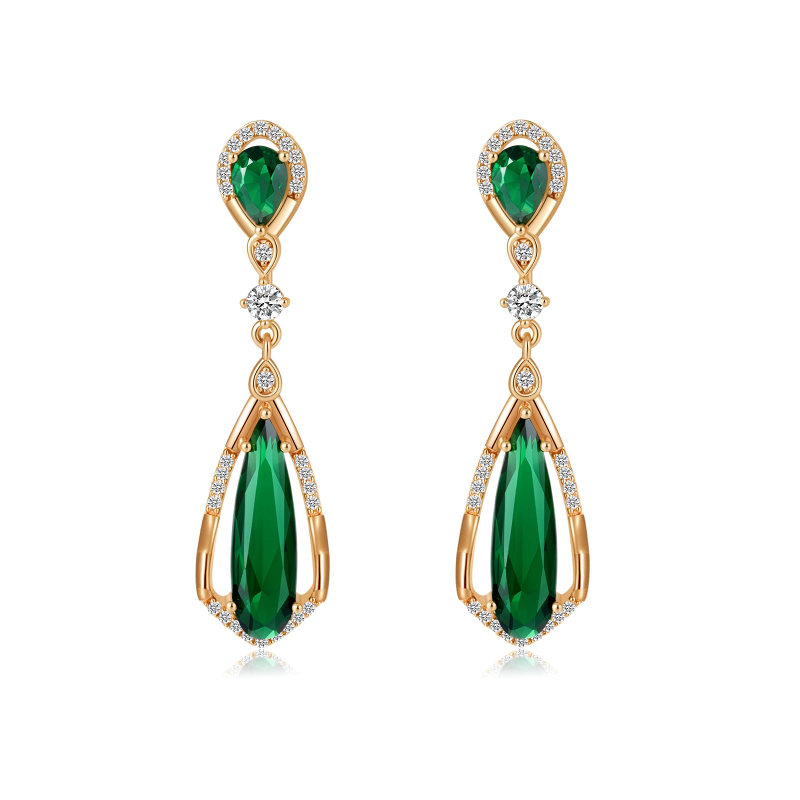 Hpoewre Vintage Emerald Green Teardrop Earrings,925 Sterling Silver Posts & 18K Gold-Plated Brass Drops,Cubic Zirconia Dangle Earrings for Women (Vintage)