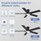 Goniyado 52" RGB Ceiling Fans with Lights and Remote/APP,Black Low Profile Ceiling Fans,Modern Flush Mount Ceiling Fans for Bedroom Kids Room