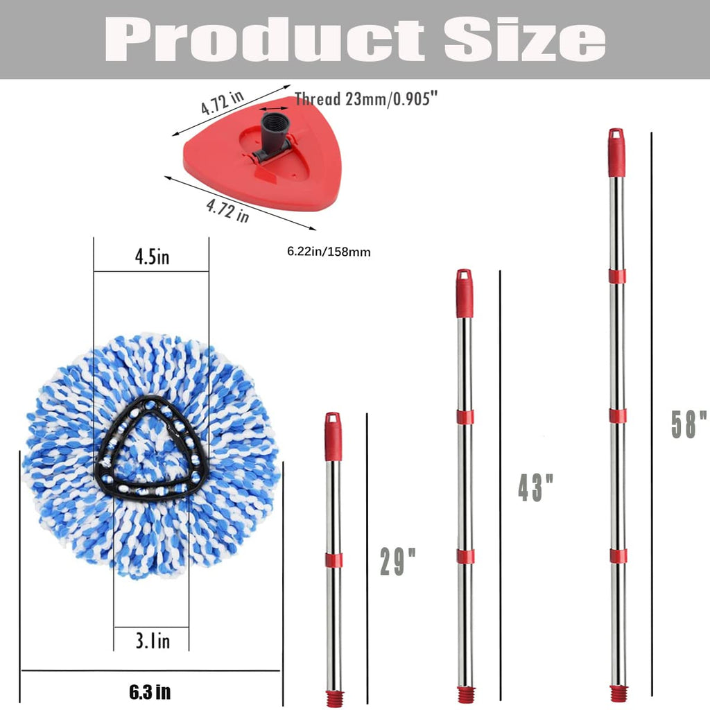 ANREKEYH Spin Mop Head, Base, Handle Replacement for O-ceda EasyWring RinseClean Microfiber Spin Mops, 2 Microfiber Mop Refills, 1 Triangle Head Cover and 30-58in Handle (Blue (2-Tank System))