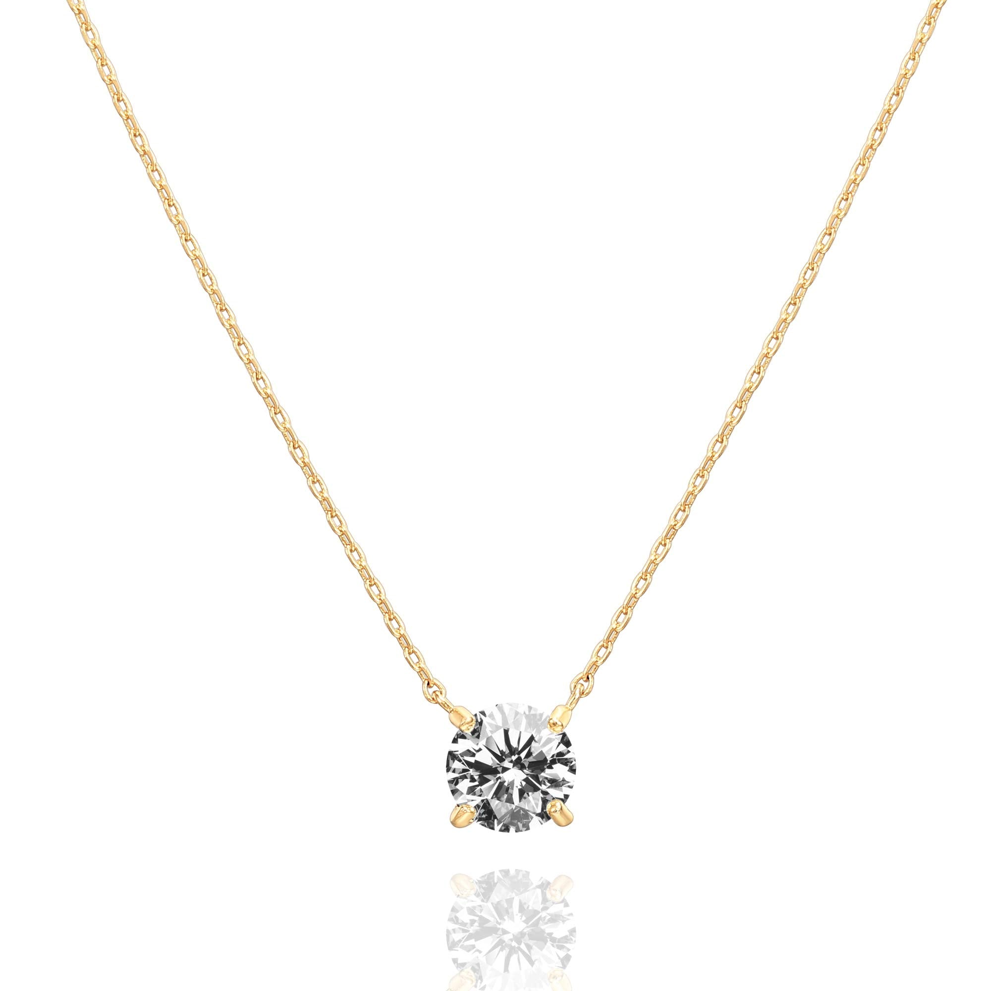 PAVOI CZ Dainty Solitaire Choker Necklace, 14K Gold Plated, Yellow Gold, Y