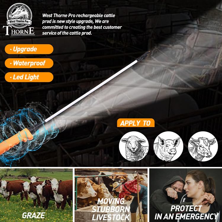 West Thorne Pro Livestock Prod, Waterproof Cattle Prod Stick with LED Light, Livestock Prod for Modern Livestock Management(33.8in)