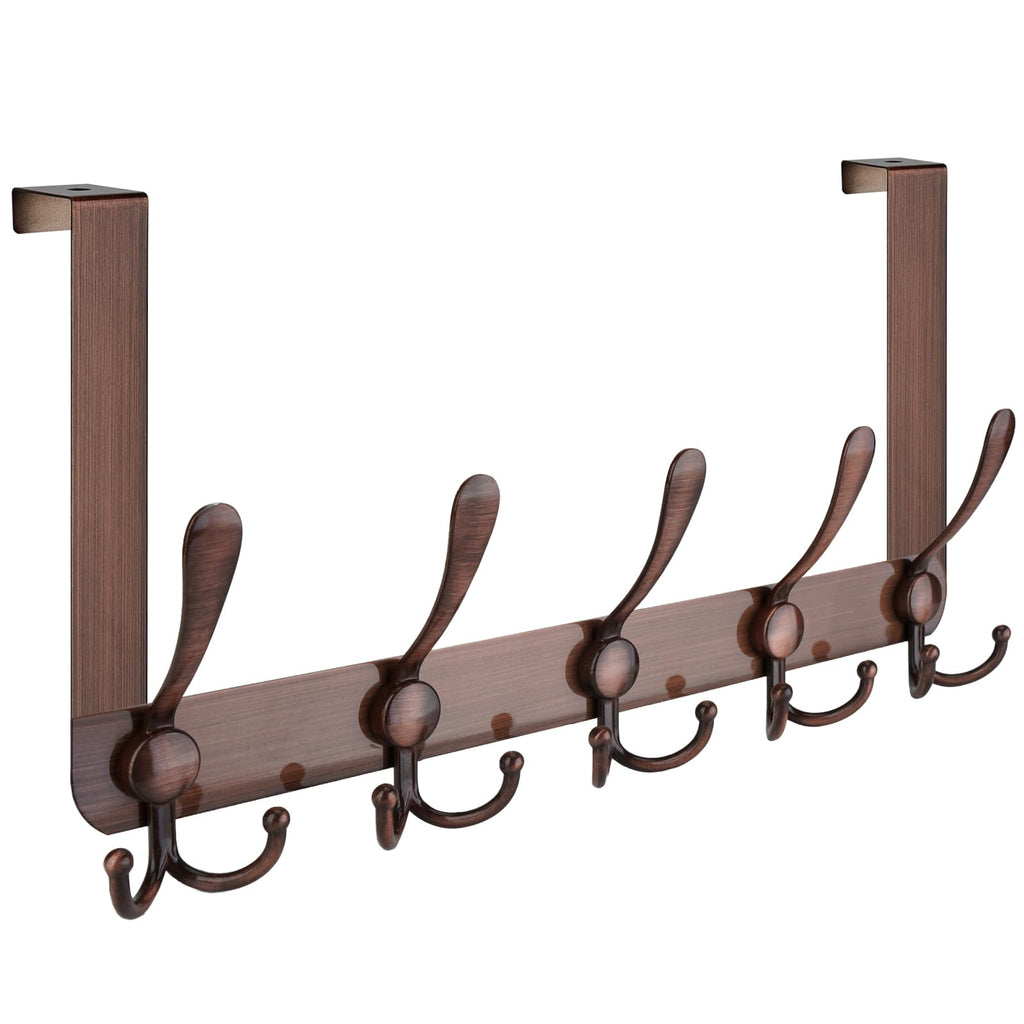 TICONN Over The Door Hooks, 5 Heavy Duty Tri Coat Rack All Metal Coat Hanger for Bathroom Bedroom Dorm (Antique Bronze, 2PK, Fit 1-3/8" Doors)