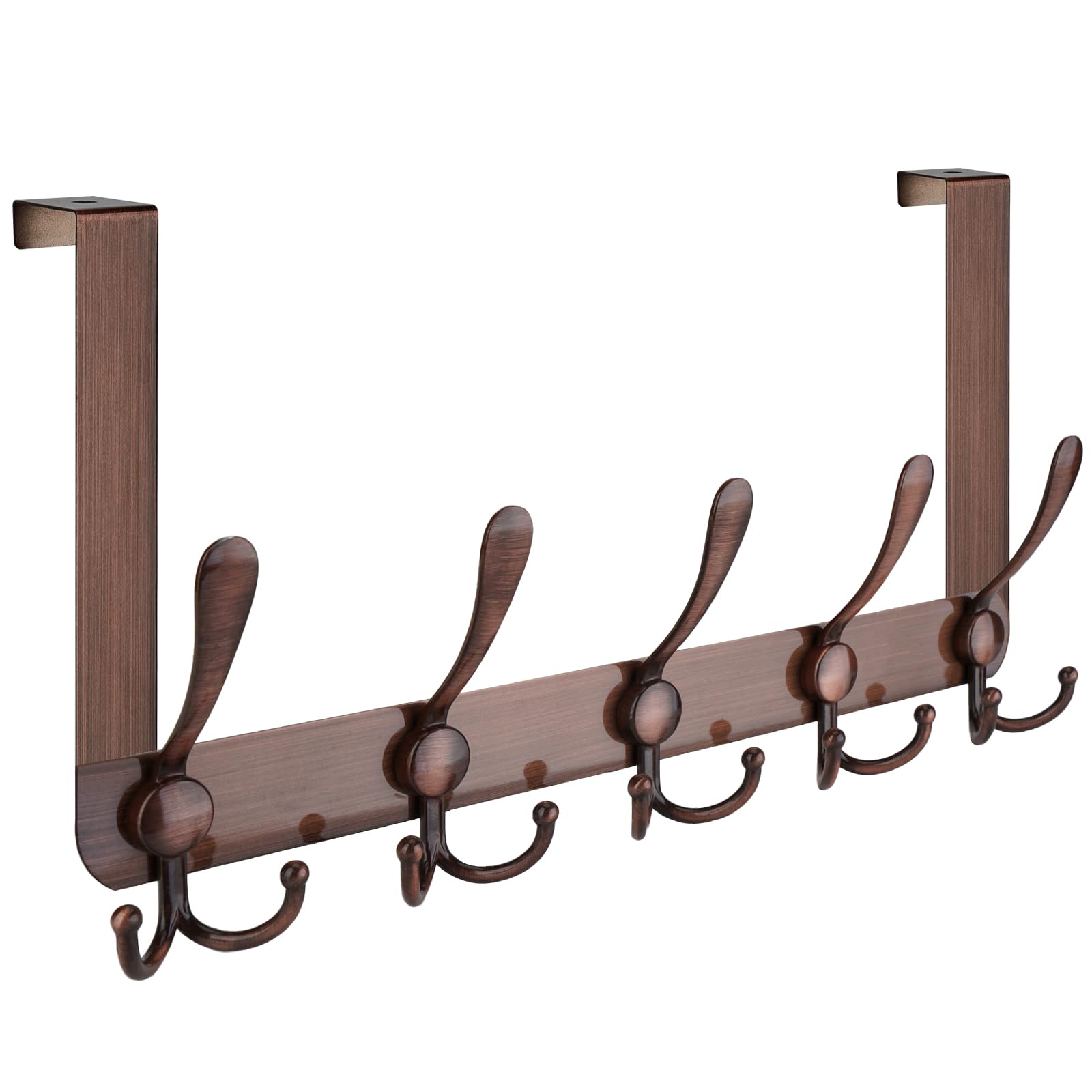 TICONN Over The Door Hooks, 5 Heavy Duty Tri Coat Rack All Metal Coat Hanger for Bathroom Bedroom Dorm (Antique Bronze, 2PK, Fit 1-3/8" Doors)