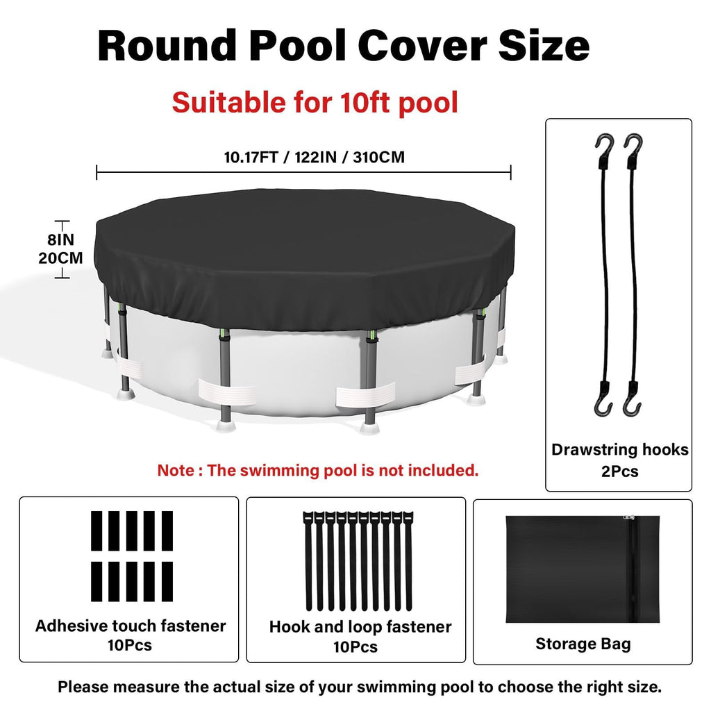 SAFANA 10FT Pool Covers for Above Ground Pools, Round Swimming Pool Cover [Upgrade 420D Thicker] Protective Leaf Cover with Reflective Strip, Tear Resistant Durability Fabric, UV Resistance, Black