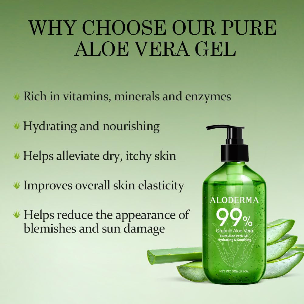 Aloderma 99% Organic Pure Aloe Vera Gel Made within 12 Hours of Harvest, 17.6oz Value Pump, Lightweight Non-Sticky Aloe Vera Gel for Sunburn Relief, Natural, Soothing Aloe Vera for Face & Hair