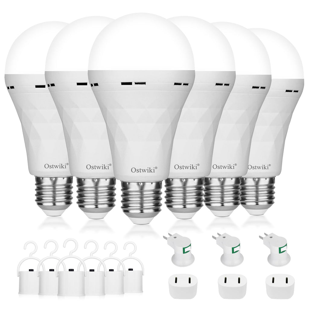 Ostwiki Rechargeable Emergency Light Bulbs 6 Pack Battery Operated Backup Light Bulbs for Power Outage Camping 9W E27 8500K Daylight Self-Charging Lamps for Home Hurricane Preparedness