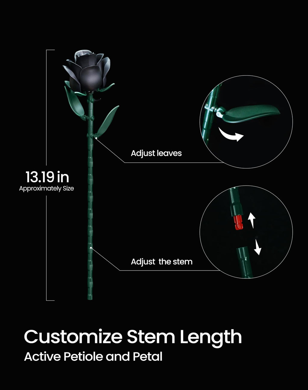 iATOM Black Rose Bouquet Building Set, Compatible with Lego Flowers for Adults - Halloween Artificial Flowers Kit, Gothic Horror Retro Botanical Collection Home Decor - IA11001