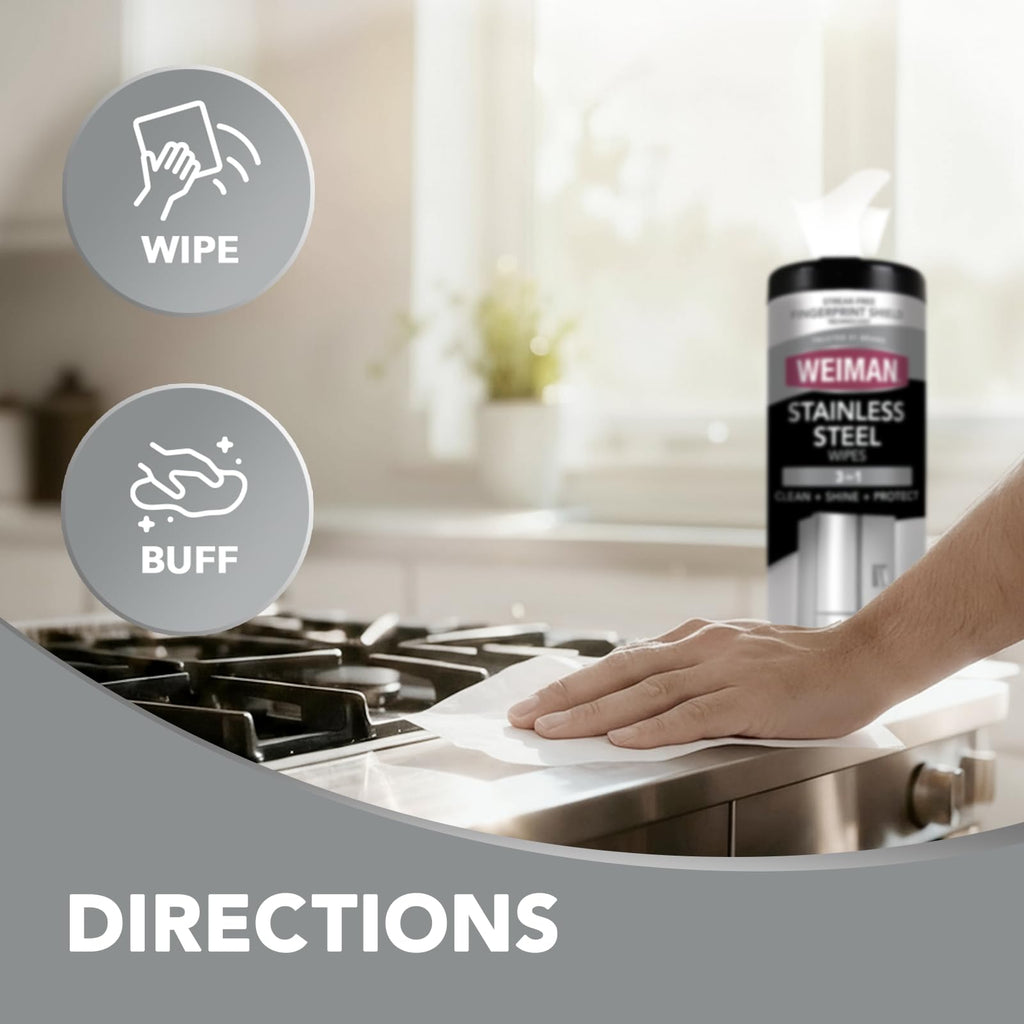 Weiman Stainless Steel Cleaner & Polish Kit, 1 Wipes & Cloth, Anti-Fingerprint, Removes Grease, Water Spots, Streaks & Residue, Polishing Cleaner Safe for Appliances, Chrome, Sinks & Grill Exteriors
