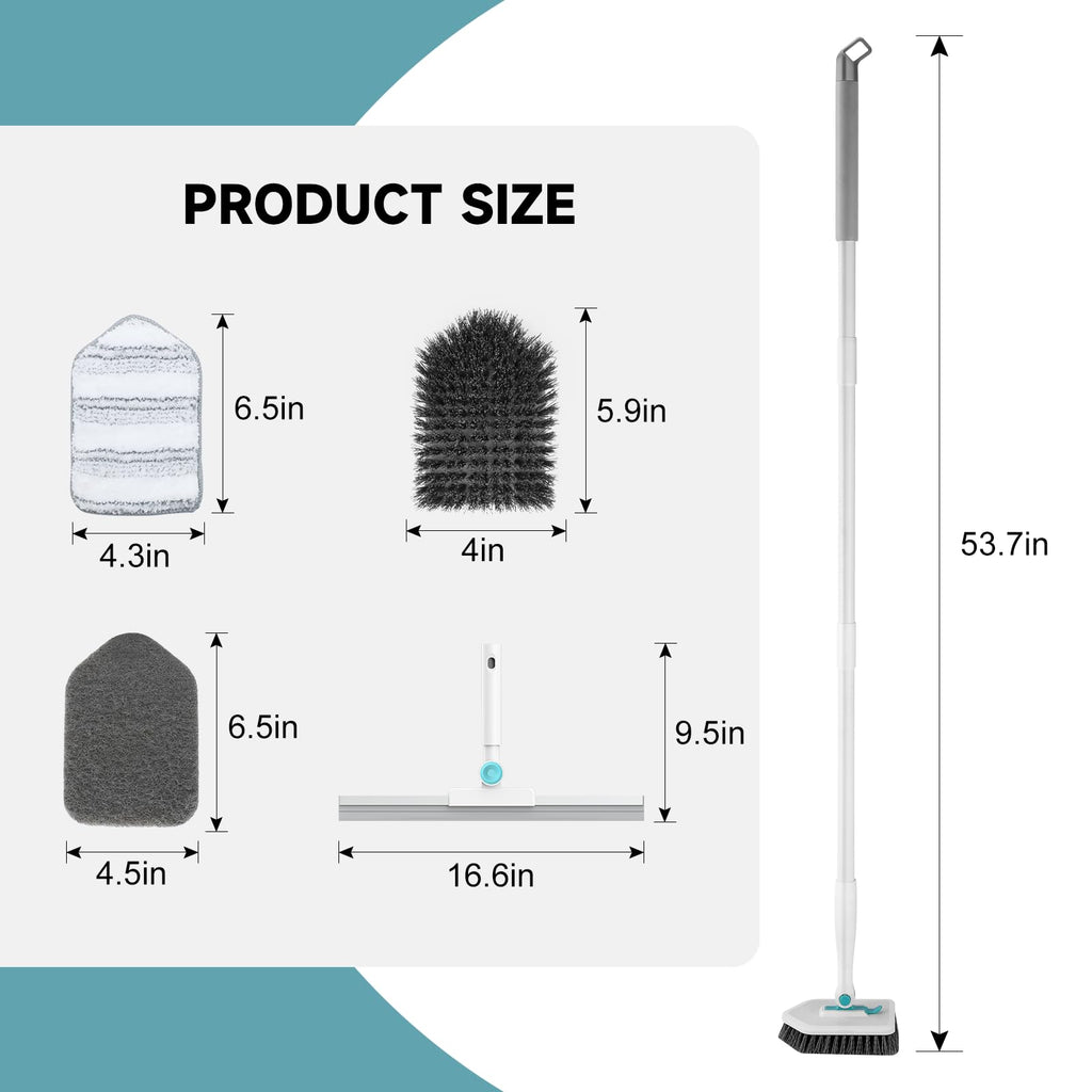 nacena Shower Scrubber with Long Handle, 4 in 1 Tile Tub Scrubber Brush with 3 Detachable Cleaning Shower Heads and Floor Squeegee Shower Cleaner Brush for Bathroom Kitchen Tub Sink Floor, Blue White