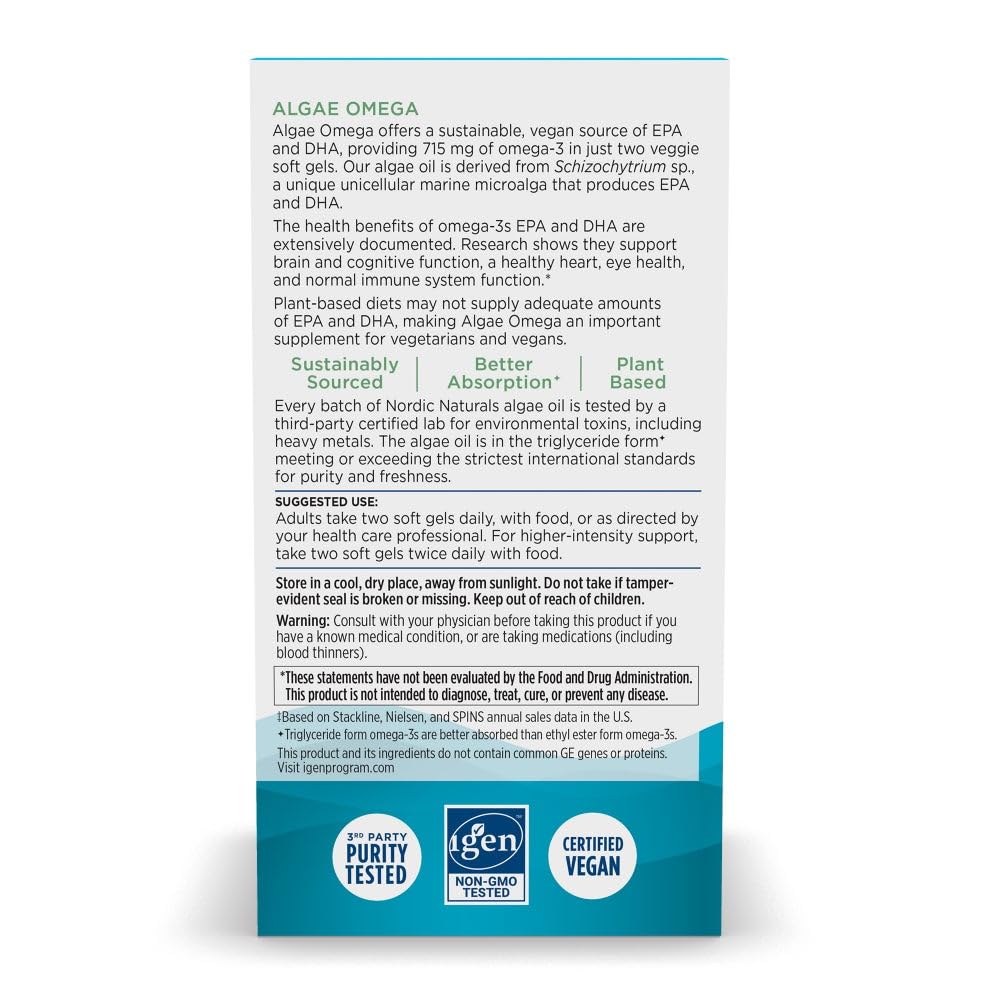 Nordic Naturals Algae Omega - 90 Soft Gels - 715 mg Omega-3 - Certified Vegan Algae Oil - Plant-Based EPA & DHA - Heart, Eye, Immune & Brain Health - Non-GMO - 45 Serving