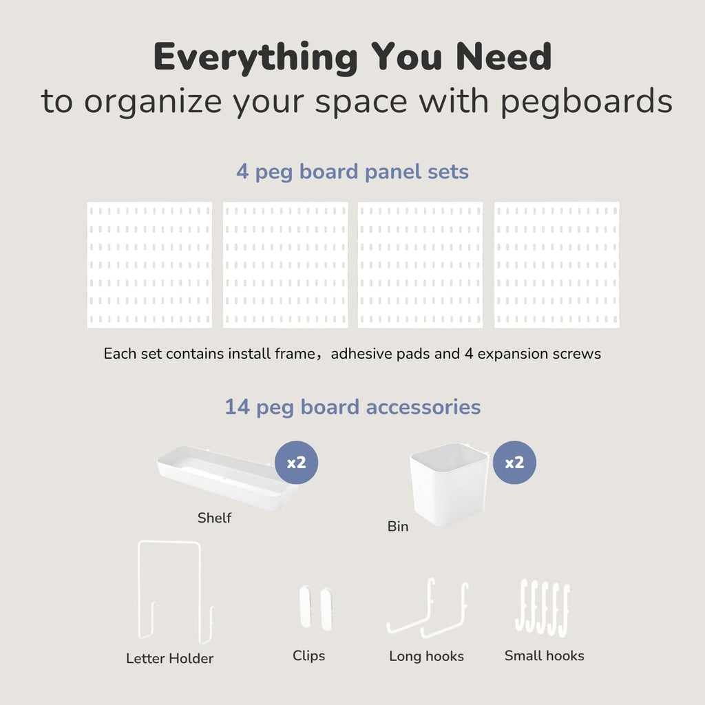 Keepo Peg Board Wall Organizer – Plastic Pegboard Panels, Modular Peg Board Storage System For Home Office, Craft Room, Gaming Setup (White, 22″×22″)