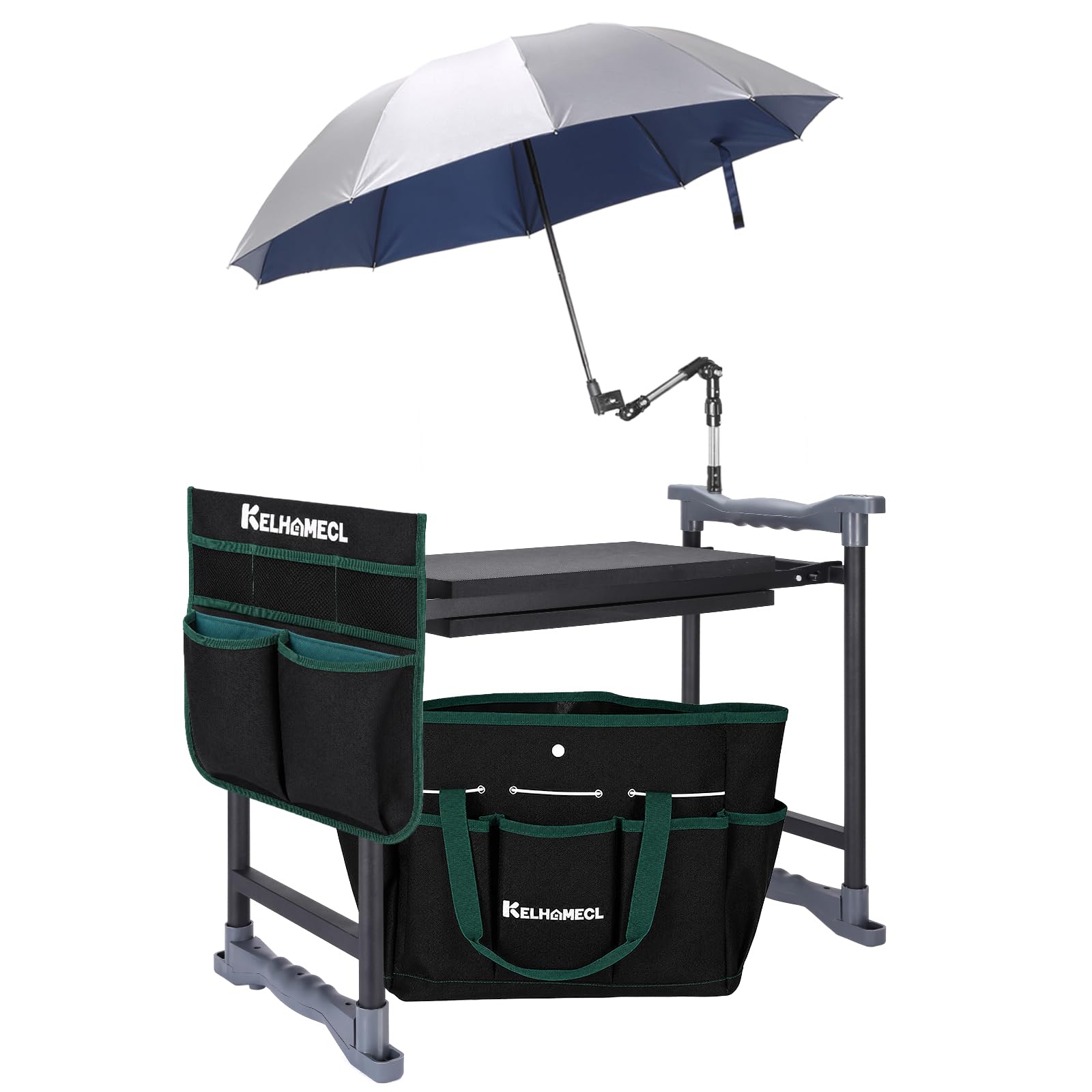 KELHOMECL Garden Kneeler and Seat with Umbrella, 2-in-1 Foldable Gardening Stool with Adjustable Bracket, Detachable Tool Bags, Heavy Duty Kneeler for Gardening (Beige Green)