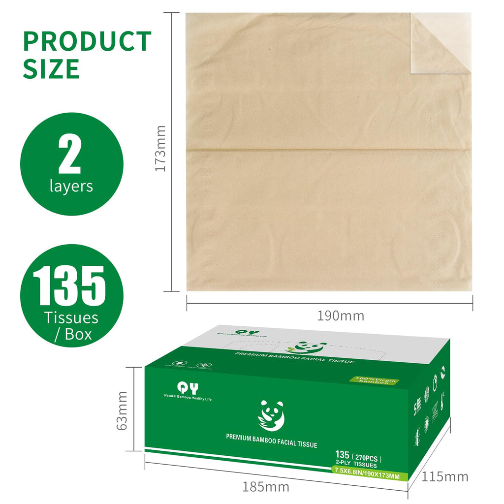 QingYa Unbleached Bamboo Facial Tissues - 12 Boxes of 100% Natural, Hypoallergenic, 134 Sheets per Box, FSC Certified, Eco - Friendly, Ultra - Soft & Gentle for Everyday Home and Office Use