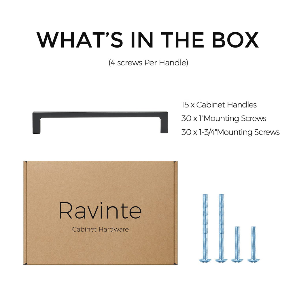 Ravinte 15 Pack Solid 6-1/4 Inch Kitchen Square Cabinet Handles Matte Black Pulls Drawer Pulls Kitchen Cabinet Hardware Flat Black Handles