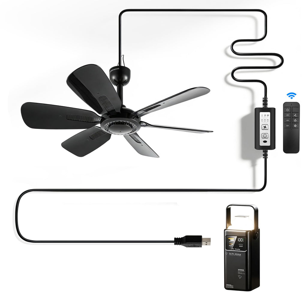 bestmoument Portable Ceiling Fan, USB Plug-In, 5V DC Powered, 6 Blades, Indoor/Outdoor RV Camping Tent Canopy, Hanging, Quiet Operation (with power bank)