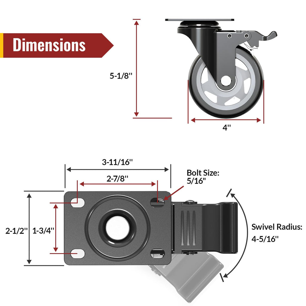 4 inch Heavy Duty Caster Wheels, Set of 8 Swivel Casters with Safety Dual Locking, 2400 lbs Total Capacity, Noiseless Polyurethane Wheels for Workbench, Cart, Industrial (Screws Included)