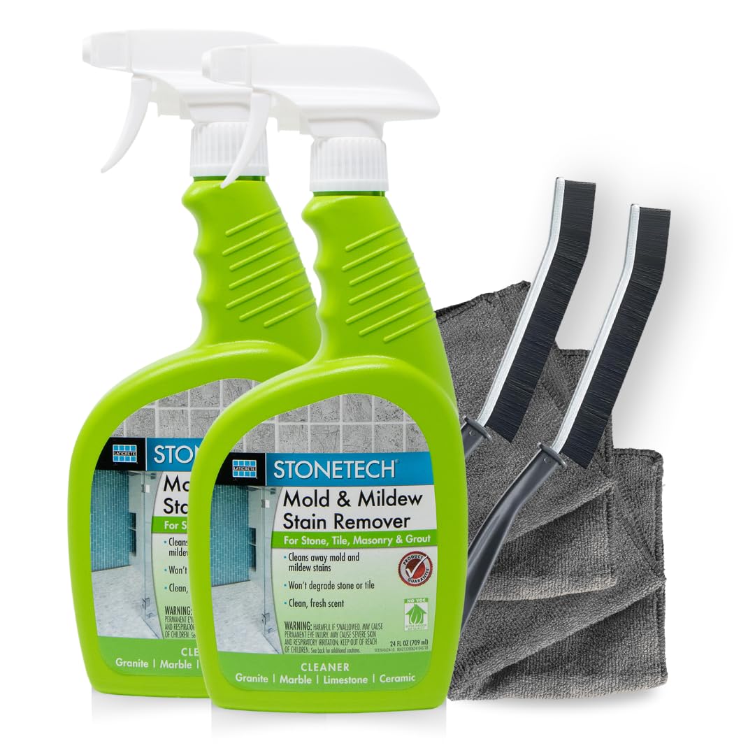 StoneTech Mold and Mildew Stain Remover Cleaning Kit | Kitchen, Patio, Shower, and Bathroom Cleaner for Natural Stone, Tile, and Grout, 2-Pack 24-Ounce Spray with Microfibers and Crevice Brushes