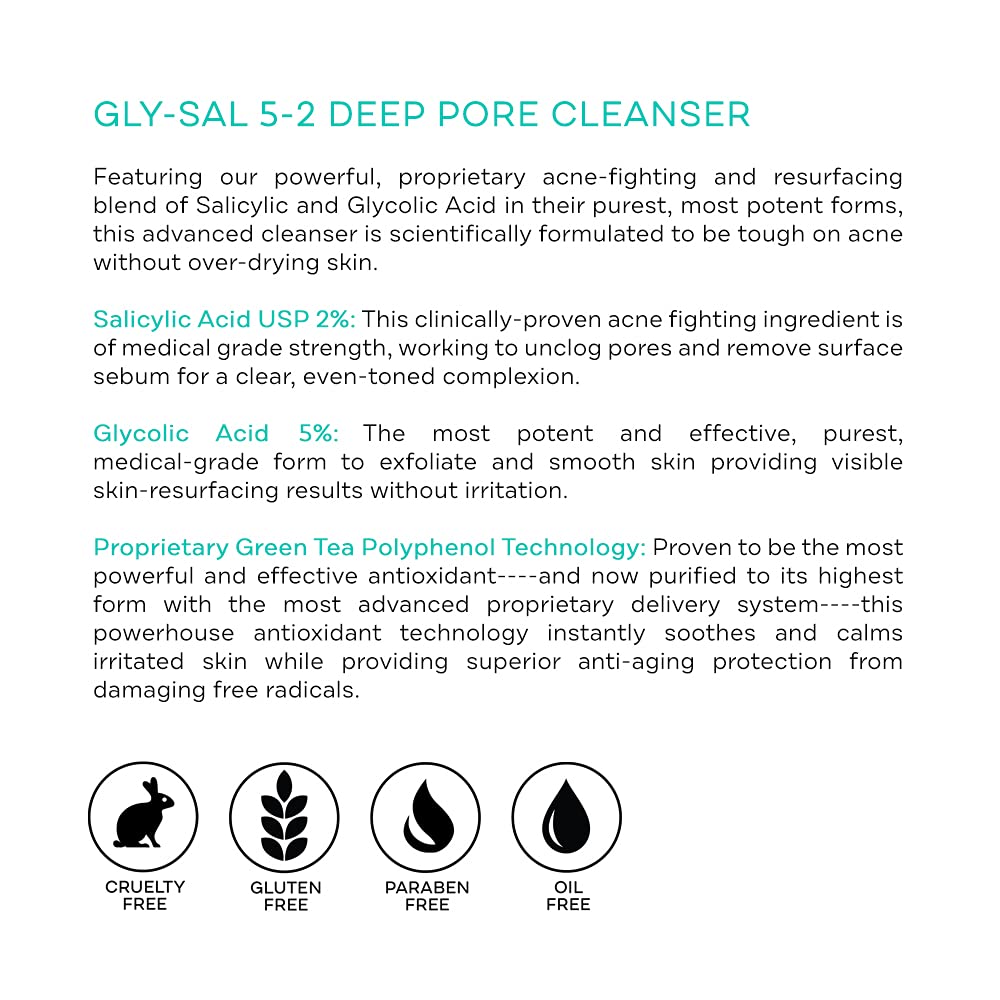 Replenix Gly-Sal Deep Pore Acne Face Wash, 6.7 Fl Oz, Non-Oily Medical-Grade 5% Glycolic & 2% Salicylic Acid Facial Cleanser for Acne-Prone Skin, Gently Unclogs & Refines Pores, Non-Drying