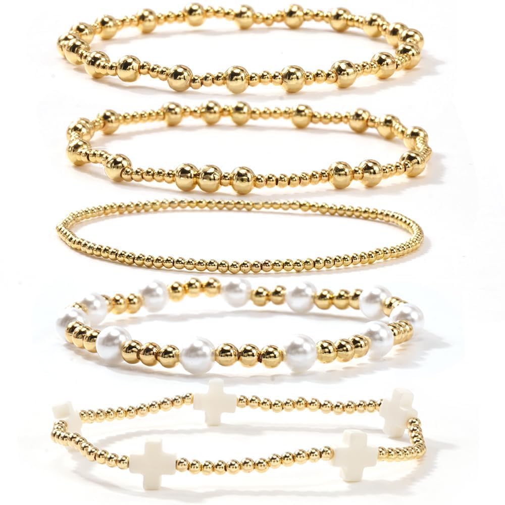 Dainty 14K Gold Beaded Cross Bracelet Stack for Women,Bohemian Stretch Pearl Gold Plated Ball Beads Non Tarnish Stackable Bracelets Set Fashion Prom Holiday Accessories Jewelry Gift Friendship