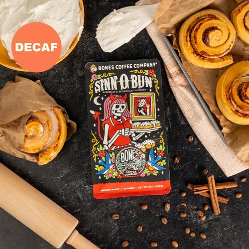 Bones Coffee Company Decaf Sinn 'O' Bun Flavored Coffee Beans, Medium Roast Ground Coffee Low Acid Decaffeinated, Cinnamon Roll Flavor (12 oz)