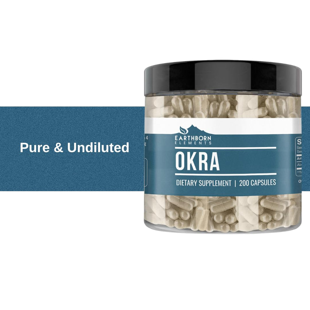 Earthborn Elements Okra Extract 200 Capsules, Pure & Undiluted, No Additives