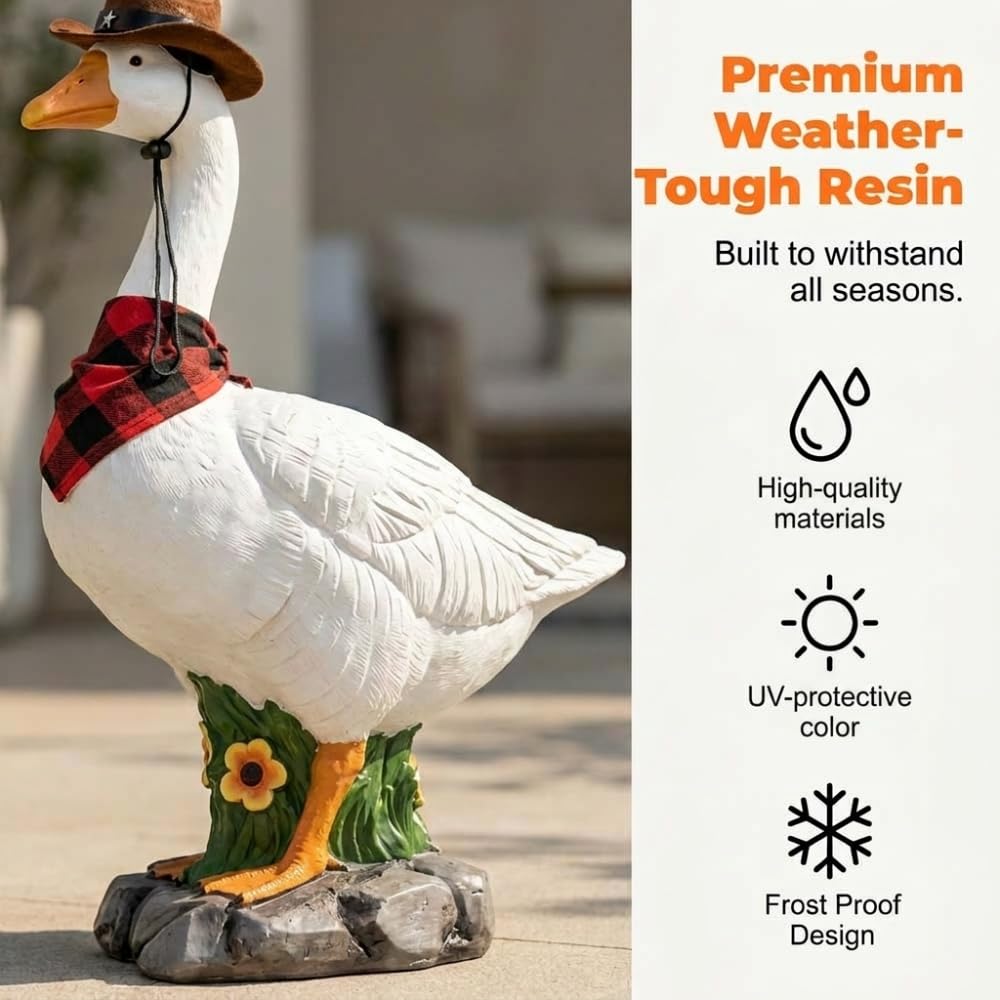 Premium Adjustable Large Porch Goose Statue – 14 Inch Realistic Hollow Plastic Garden Goose with Removable Cowboy Hat & Bandana, Stone Base with Sand-Fillable Design for Outdoor Stability (White)