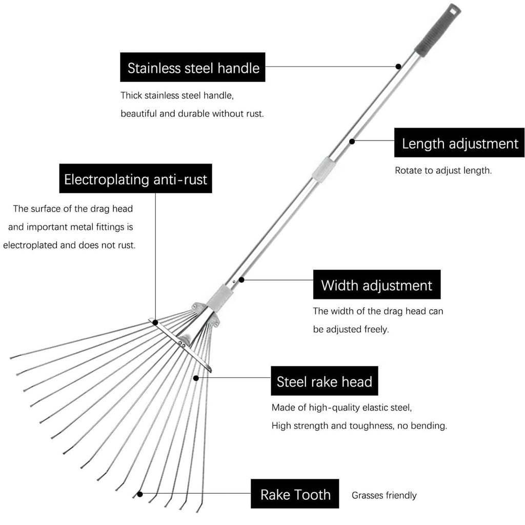 Buyplus Adjustable Garden Leaf Rake - 24 to 63 Inch Telescopic Metal Expandable Folding Leaves Rake, Metal Rakes for Leaves, Yard Rakes for Lawn Yard, Flowers Beds, Sliver