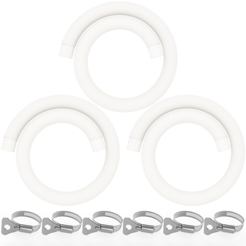 Poolvio 1.5" x 59" Above Ground Pool Hoses, 3-Pack, White- Heavy Duty UV Resistant Leak-Proof Replacement Hoses with 6 Metal Thumb Clamps, Perfectly Fits Intex Filter Pumps & Pool Surface Skimmers