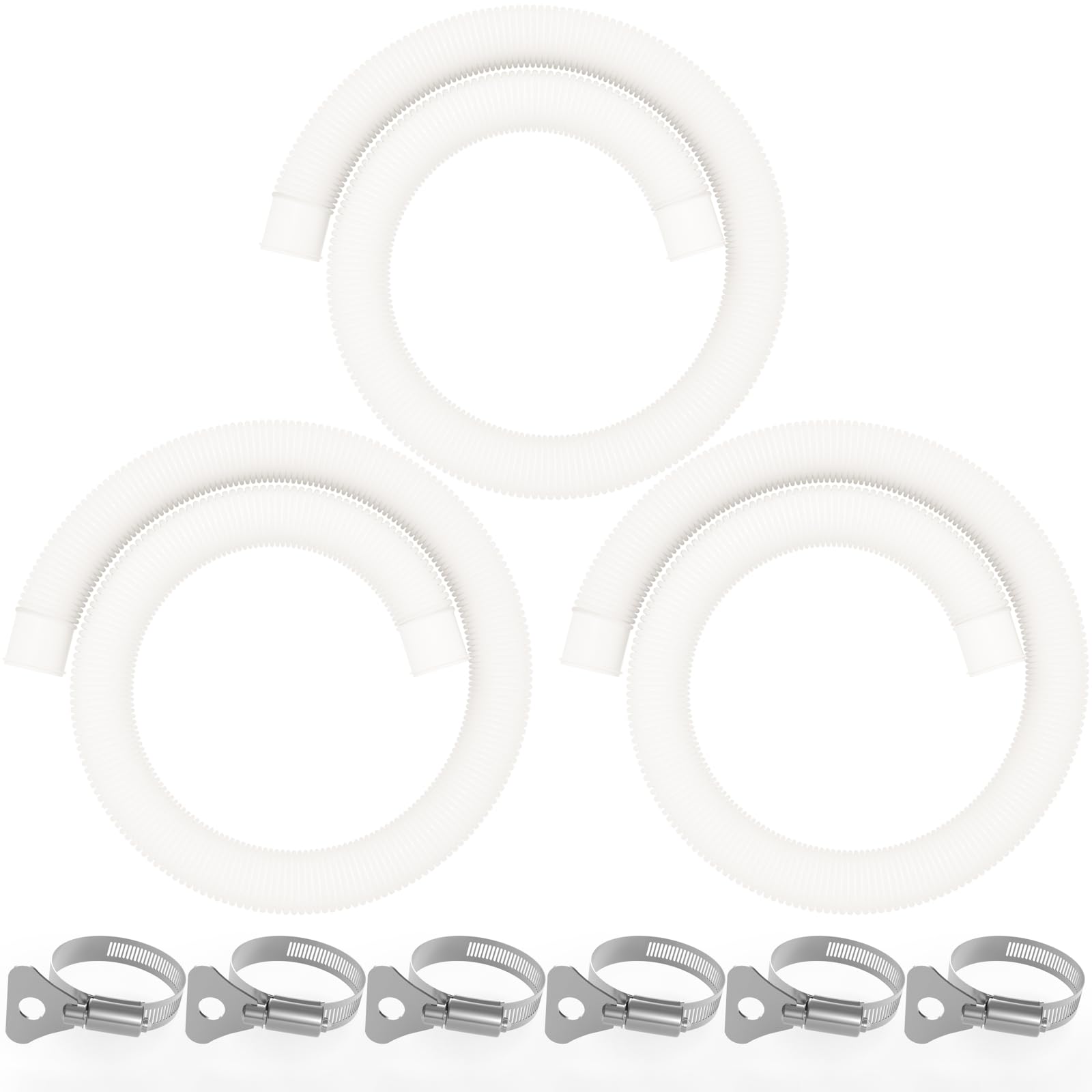 Poolvio 1.5" x 59" Above Ground Pool Hoses, 3-Pack, White- Heavy Duty UV Resistant Leak-Proof Replacement Hoses with 6 Metal Thumb Clamps, Perfectly Fits Intex Filter Pumps & Pool Surface Skimmers