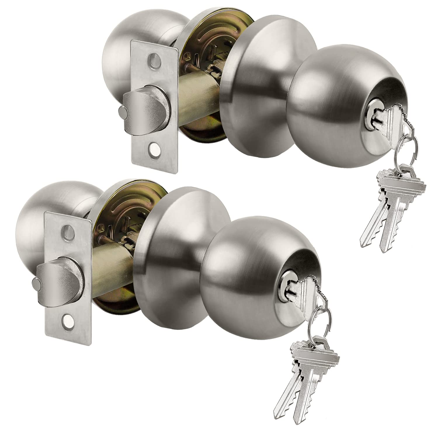 BESTTEN [2 Pack] Entry Door Knob with Lock, Keyed Different Door Lock for Exterior Door and Front Door, Standard Ball, Satin Nickel