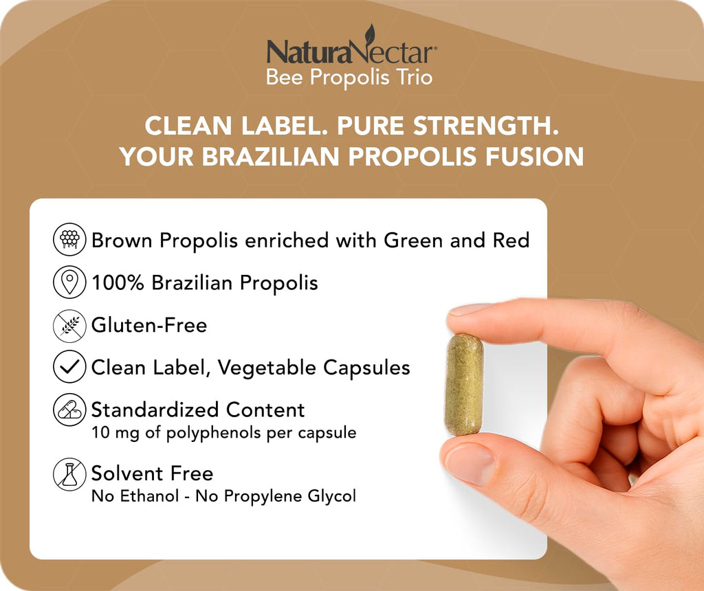 NaturaNectar - Bee Propolis Trio Capsules, NSF Certified Premium Brazilian Propolis - Gluten-Free Supplements with More Diverse Flavonoids & PWE - Naturally Sourced Through Ethical Beekeeping (60pcs.)