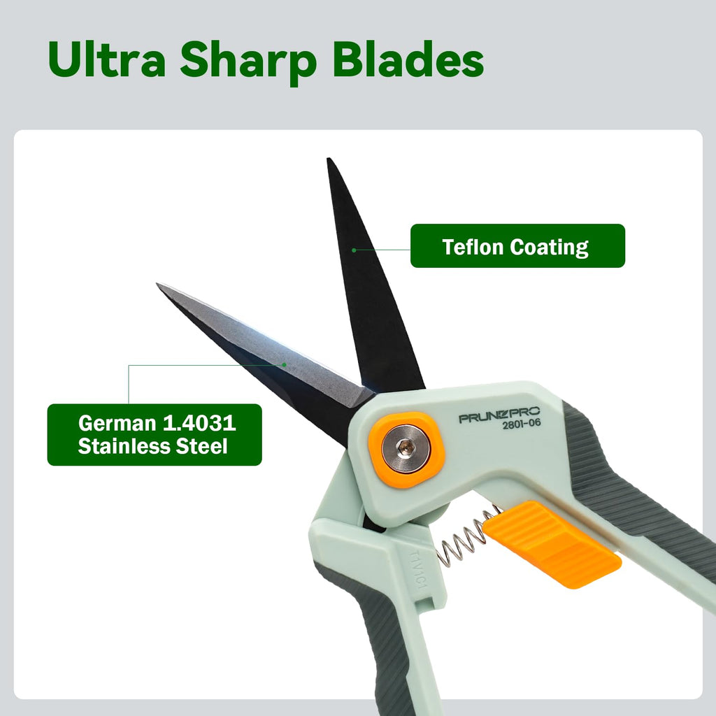 PrunePro Garden Scissors Pruning Shears Sharp Stainless Steel Non-Stick Teflon Coating Blade for Precise Cuts Garden Snip Bonsai Clippers for Plants Rose Flower