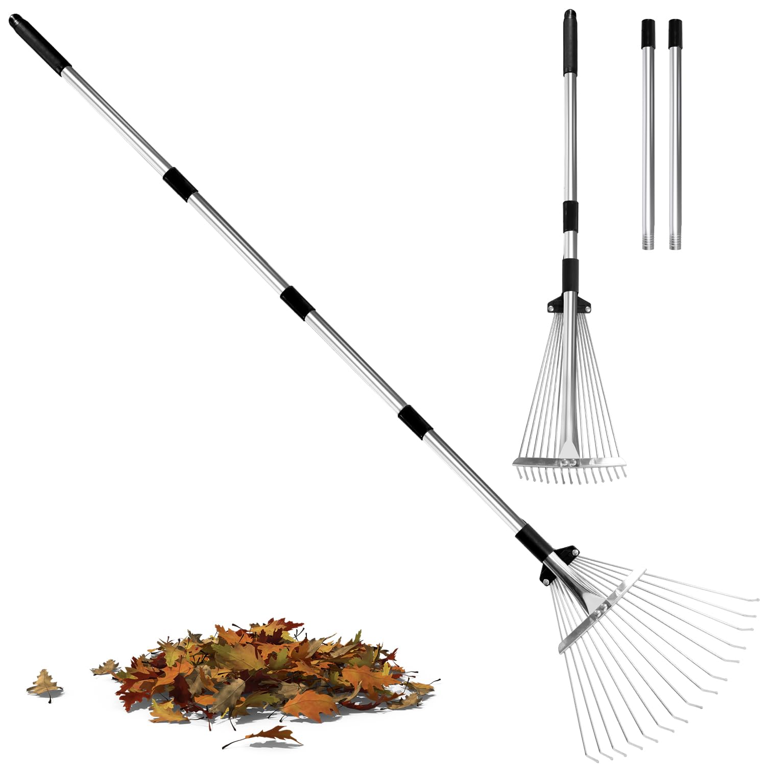 Leaf Rake Adjustable 23-75, Collapsible Metal Stainless Steel Garden Yard