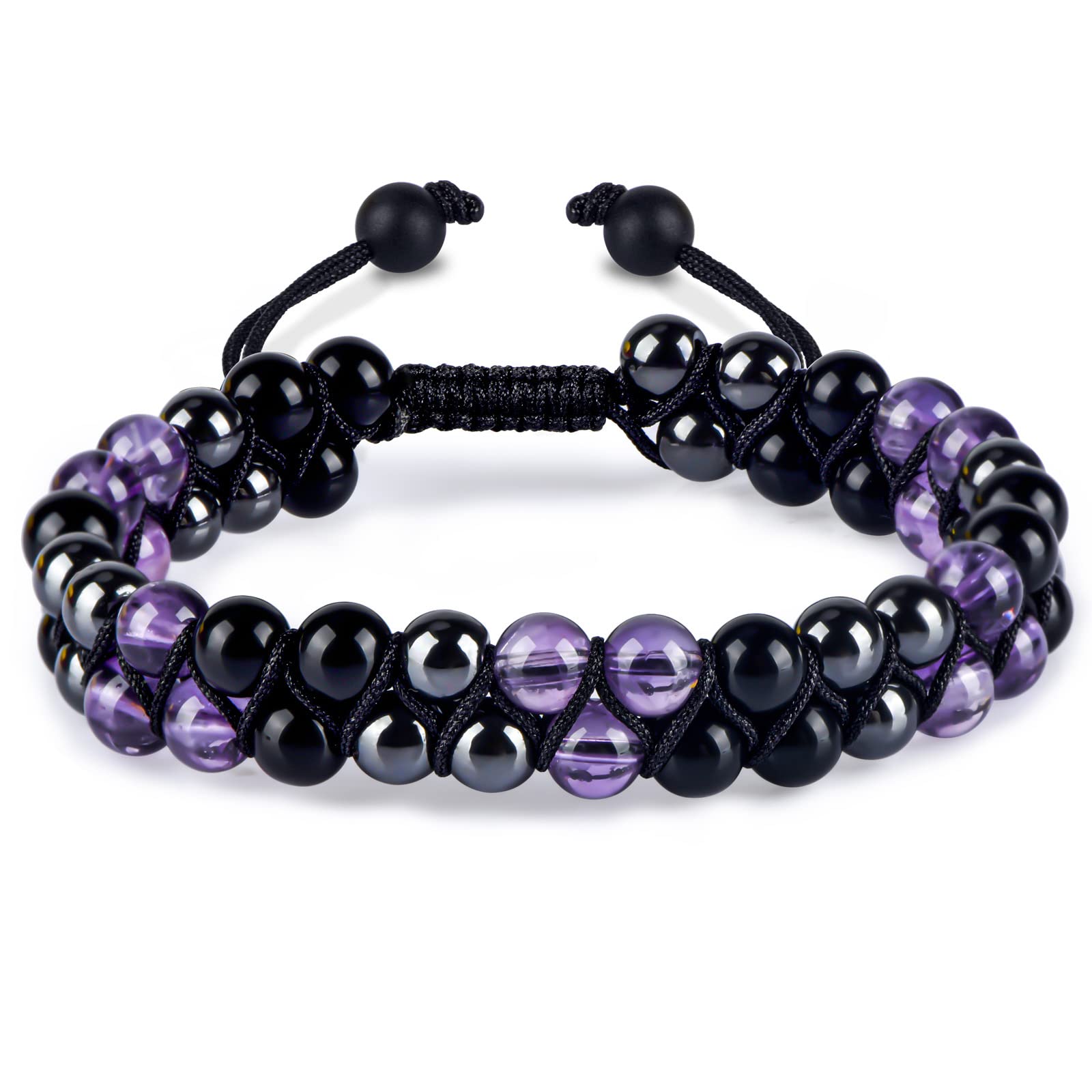 Triple Protection Bracelet for Women, Genuine Healing Crystal Bracelet Amethyst Black Obsidian Hematite 6mm, Pyramid Energy Crystal Beads Bracelets Stone Bracelets for Mom Wife for Protection Balance