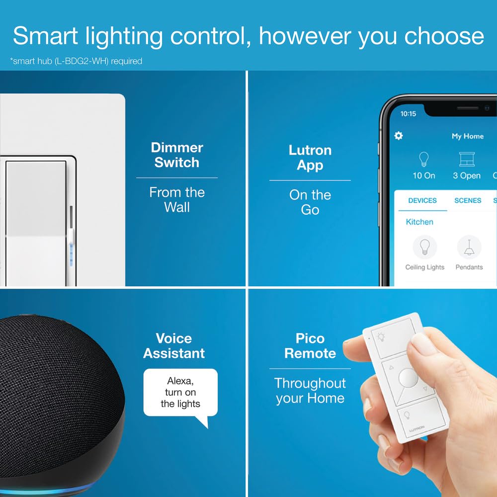 Lutron Diva Smart Dimmer Light Switch for Caseta Lighting (Lutron Smart Hub Required), for LED Lights, 150W, Single-Pole/3-Way, No Neutral, Brown (DVRF-6L-BR)