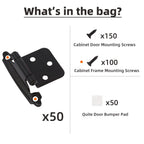 Decobasics 1/2" Overlay Matte Black Cabinet Hinges 50 Pack (25 Pair) Self Closing Bath & Kitchen Cabinet Hinges Black Flush Mount w/Door Bumpers & Upgraded Screws