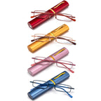REAVEE 4 Pack Slim Pen Reading Glasses for Women Stylish Small Metal Tube Readers Spring Hinge with Portable Clip Case, Red Gold Pink Blue 2.5