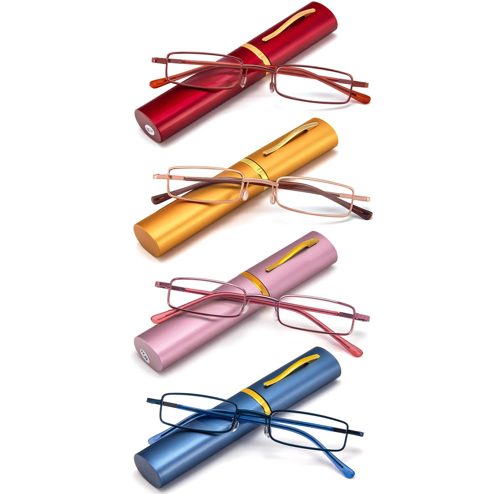 REAVEE 4 Pack Slim Pen Reading Glasses for Women Stylish Small Metal Tube Readers Spring Hinge with Portable Clip Case, Red Gold Pink Blue 2.5