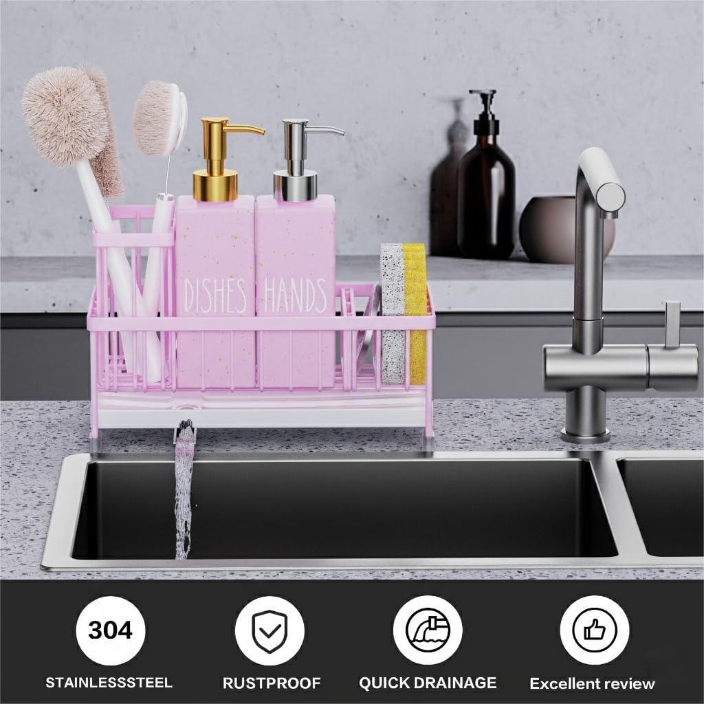 Cisily Kitchen Soap Dispenser Set with Sink Caddy, Glass Bottle, Hand and Dish Soap Dispenser Set with Sponge Holder (Pink Bottles + Pink Sponge Holder)
