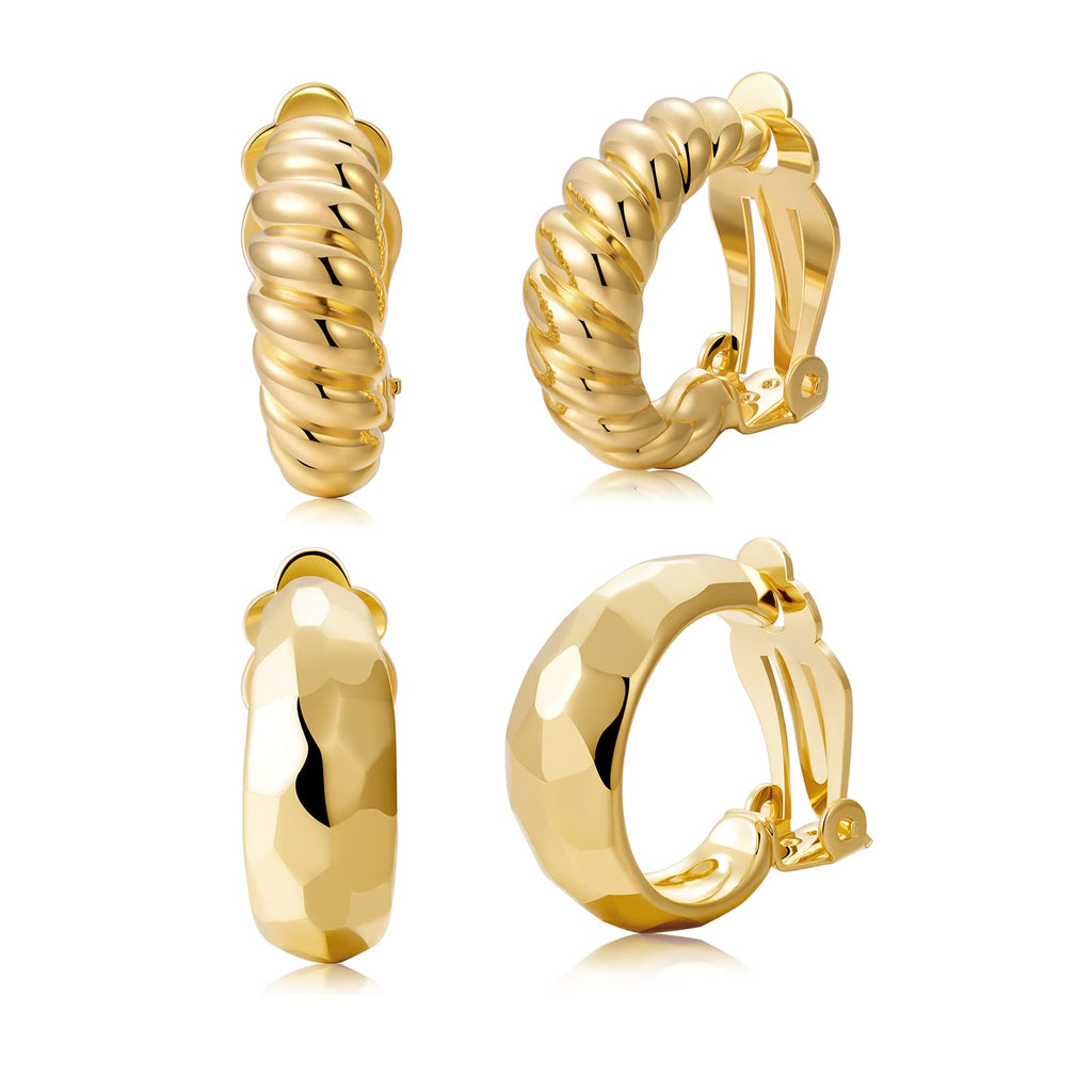Clip on Earrings Women, 14K Gold Hoop Clip-On Earrings for Women, Hypoallergenic Non Pierced Croissant Earrings